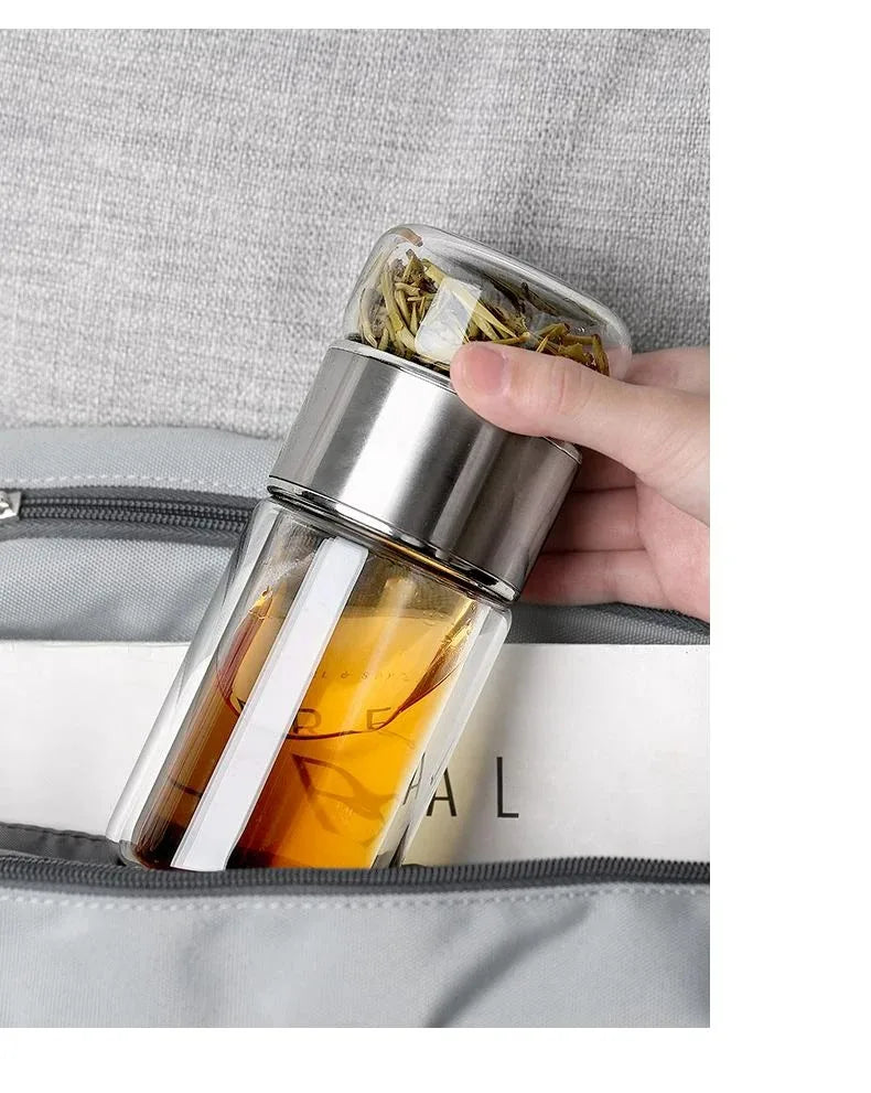 Premium Borosilicate Glass Tea Bottle – 420ml Double-Wall Tumbler with Removable Infuser