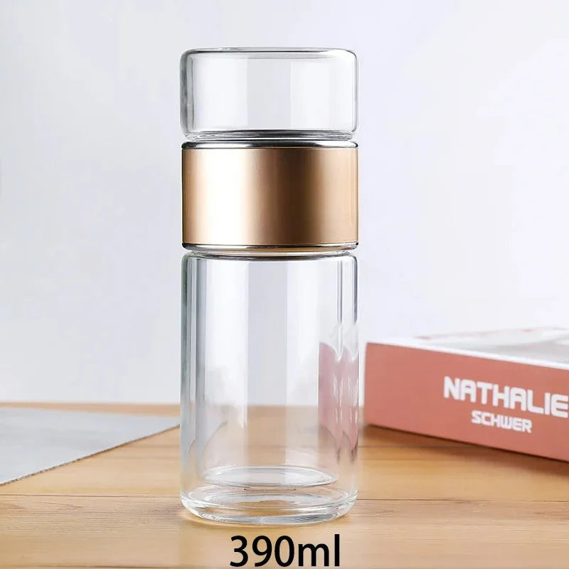 Premium Borosilicate Glass Tea Bottle – 420ml Double-Wall Tumbler with Removable Infuser