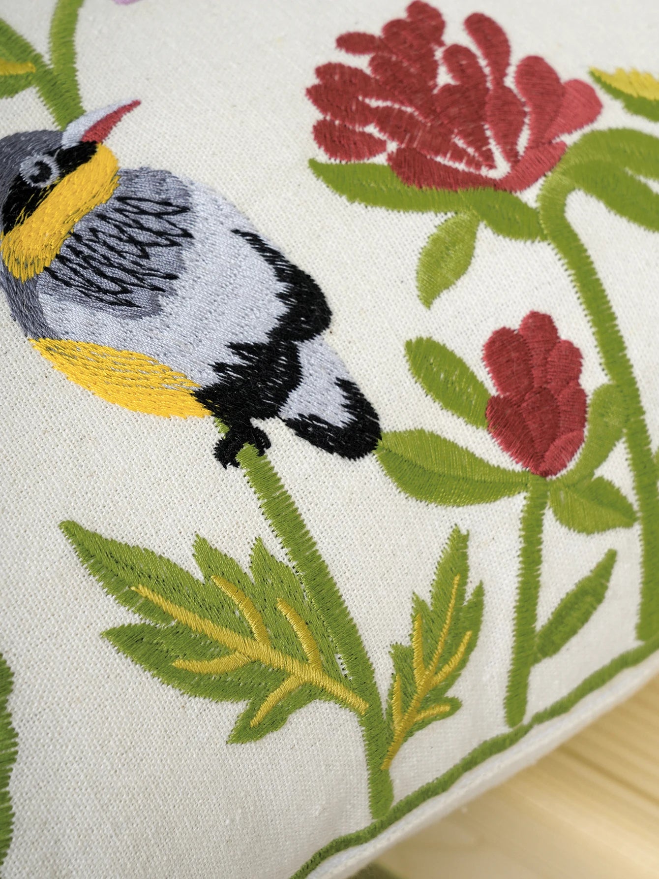 Whispering Blooms & Songbirds” Embroidered Cushion Cover – Timeless Elegance for Your Home