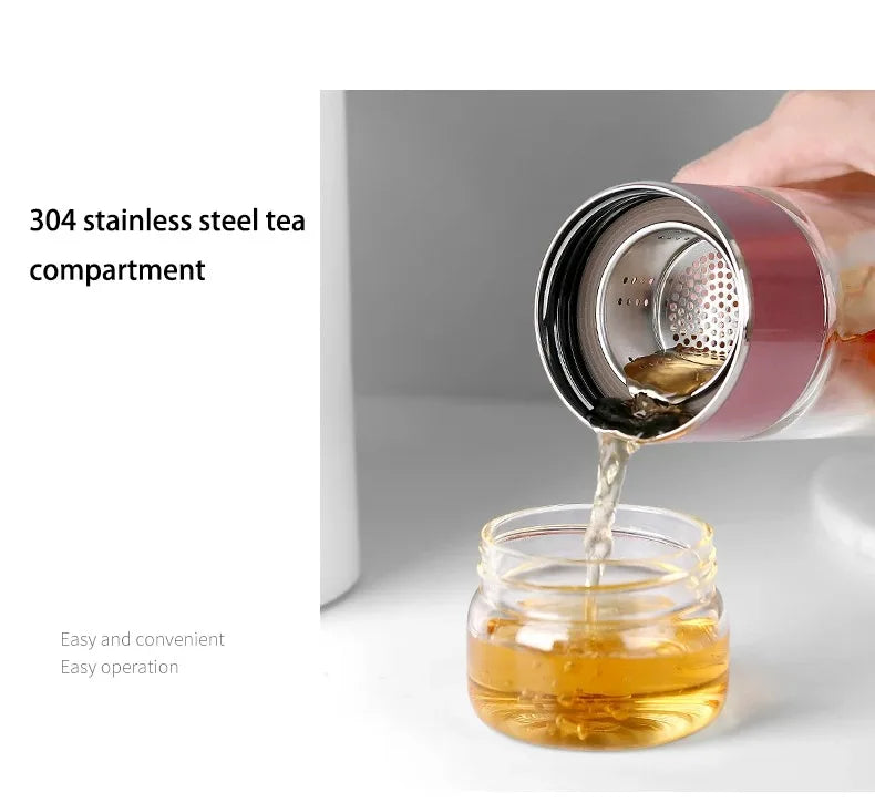 Premium Borosilicate Glass Tea Bottle – 420ml Double-Wall Tumbler with Removable Infuser