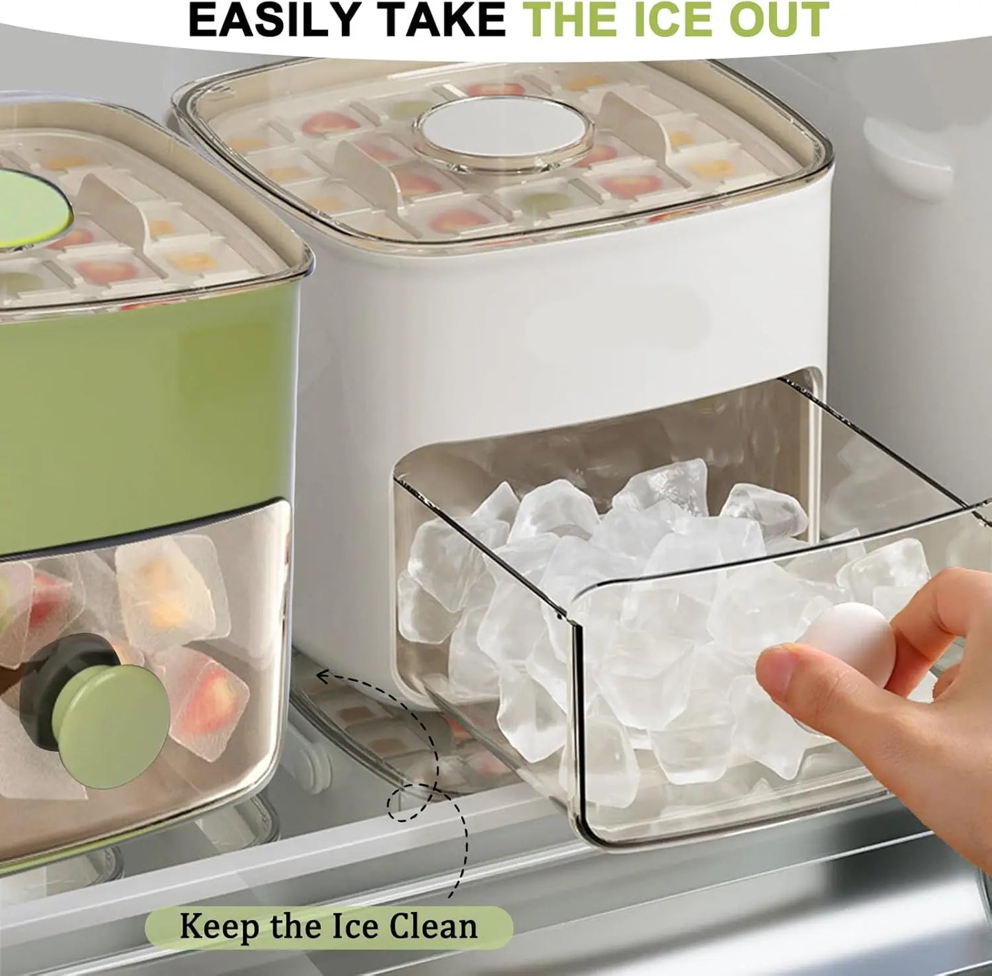 Bandeja para cubitos de hielo de 48 rejillas con compartimento de almacenamiento: fácil de abrir con un solo toque