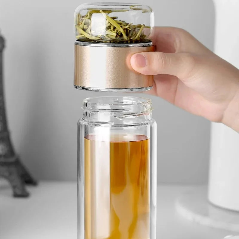 Premium Borosilicate Glass Tea Bottle – 420ml Double-Wall Tumbler with Removable Infuser