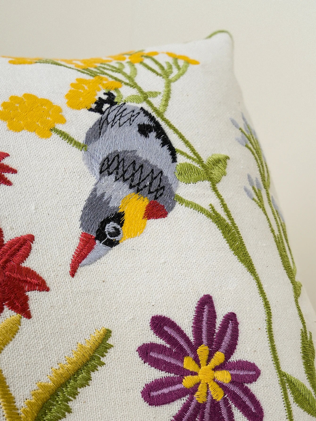 Whispering Blooms & Songbirds” Embroidered Cushion Cover – Timeless Elegance for Your Home