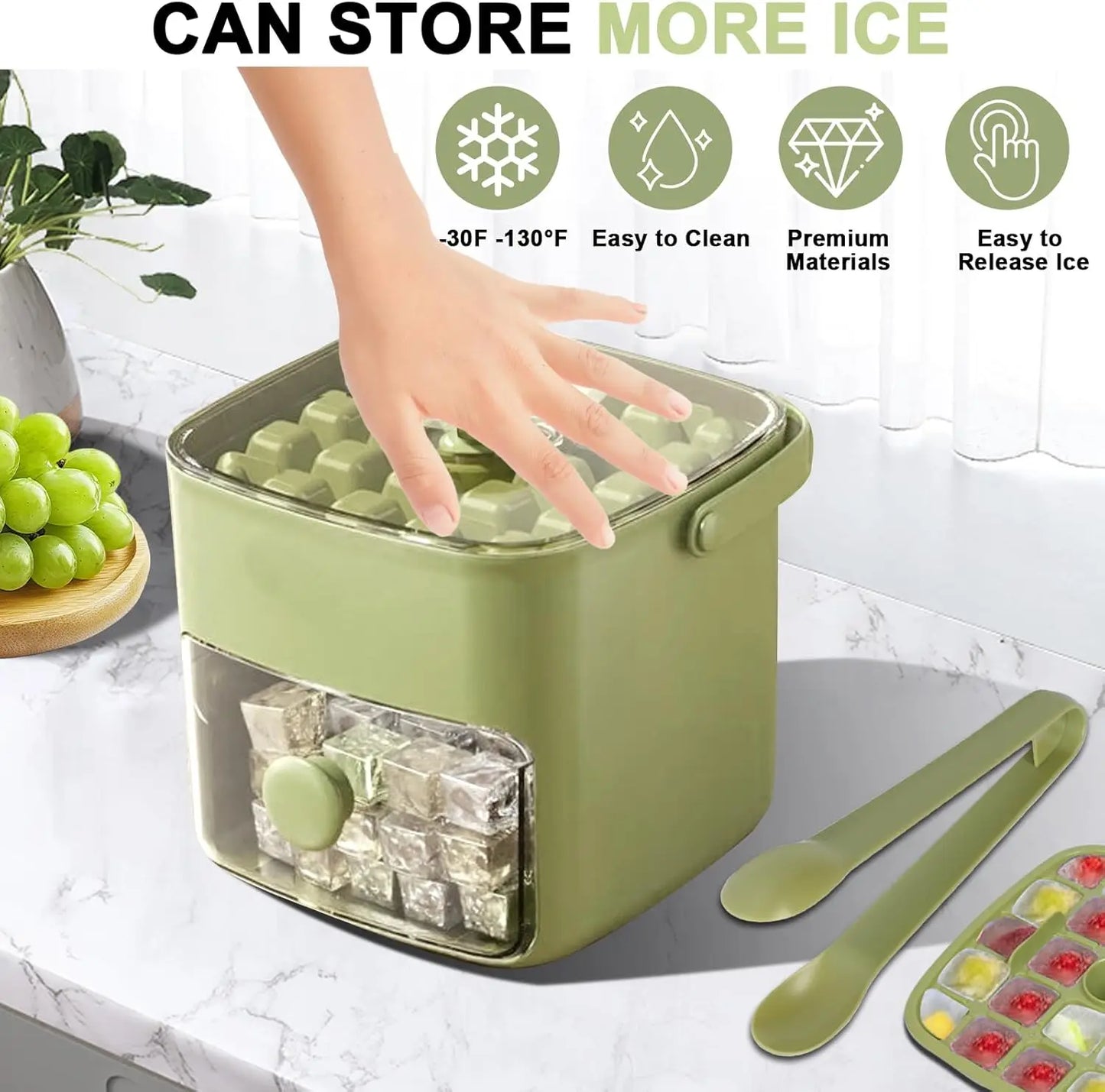 Bandeja para cubitos de hielo de 48 rejillas con compartimento de almacenamiento: fácil de abrir con un solo toque