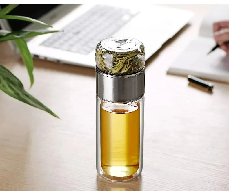 Premium Borosilicate Glass Tea Bottle – 420ml Double-Wall Tumbler with Removable Infuser