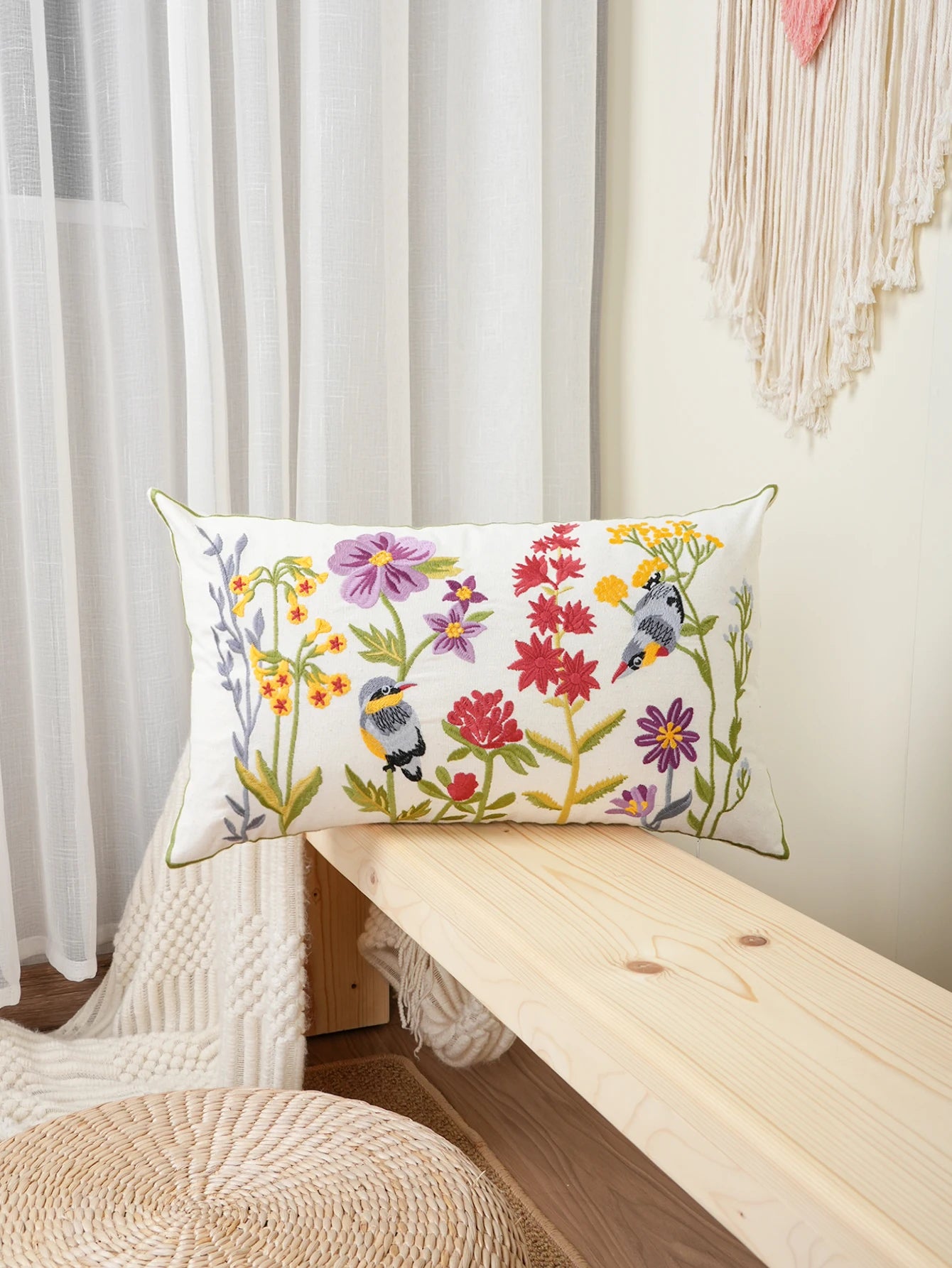 Whispering Blooms & Songbirds” Embroidered Cushion Cover – Timeless Elegance for Your Home