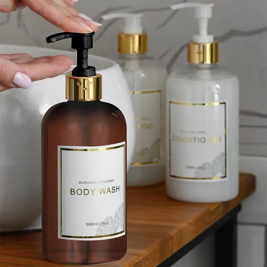 3-Piece Clear Bathroom Dispenser Set – Shampoo, Conditioner & Body Wash Bottles.
Each bottle is clearly labelled for shampoo, conditioner, and body wash, making it easy to maintain a tidy and elegant bathroom routine.