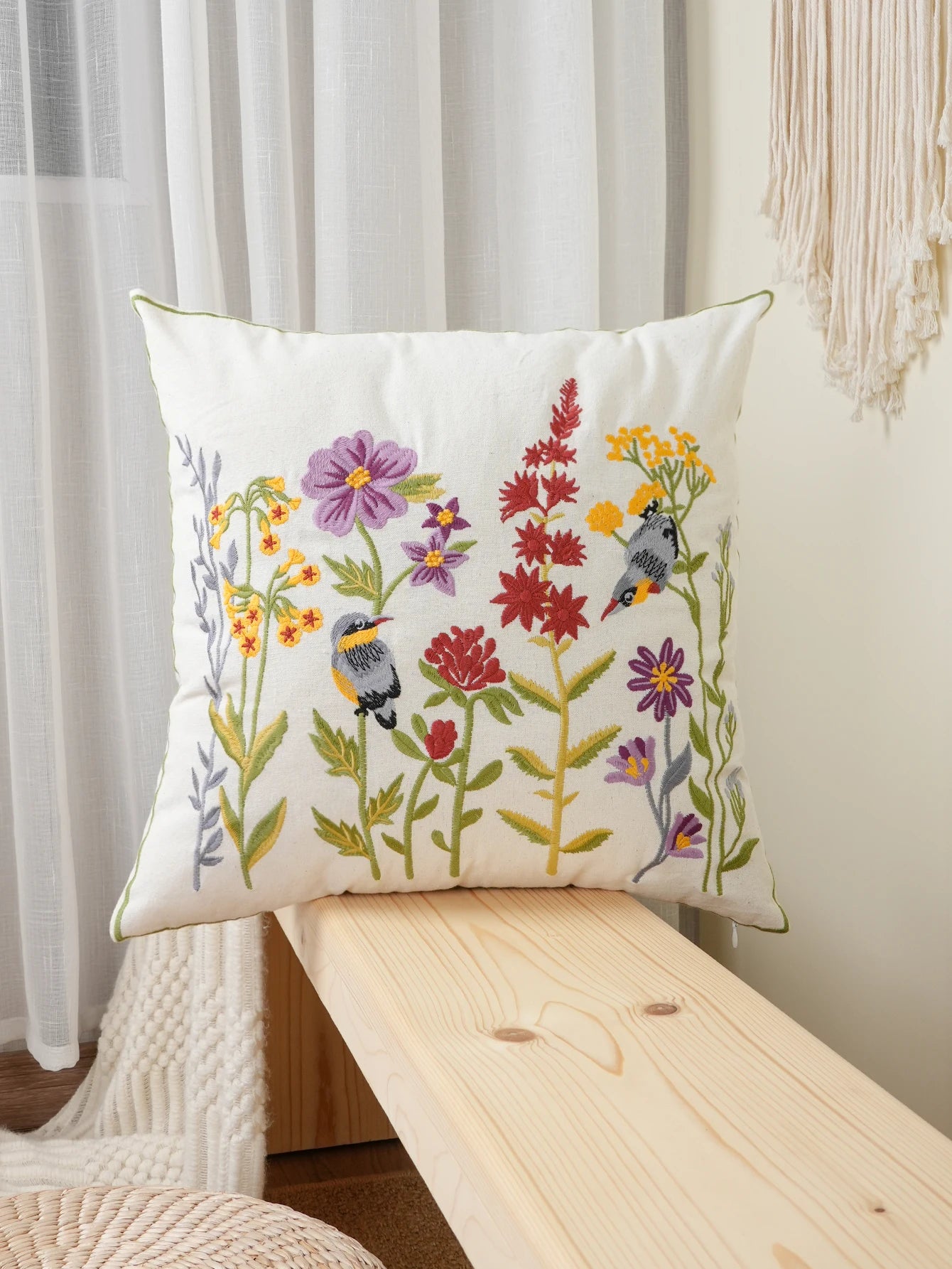 Whispering Blooms & Songbirds” Embroidered Cushion Cover – Timeless Elegance for Your Home