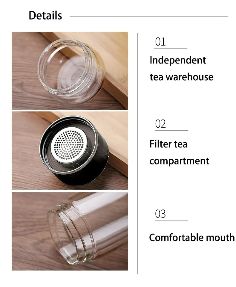 Premium Borosilicate Glass Tea Bottle – 420ml Double-Wall Tumbler with Removable Infuser