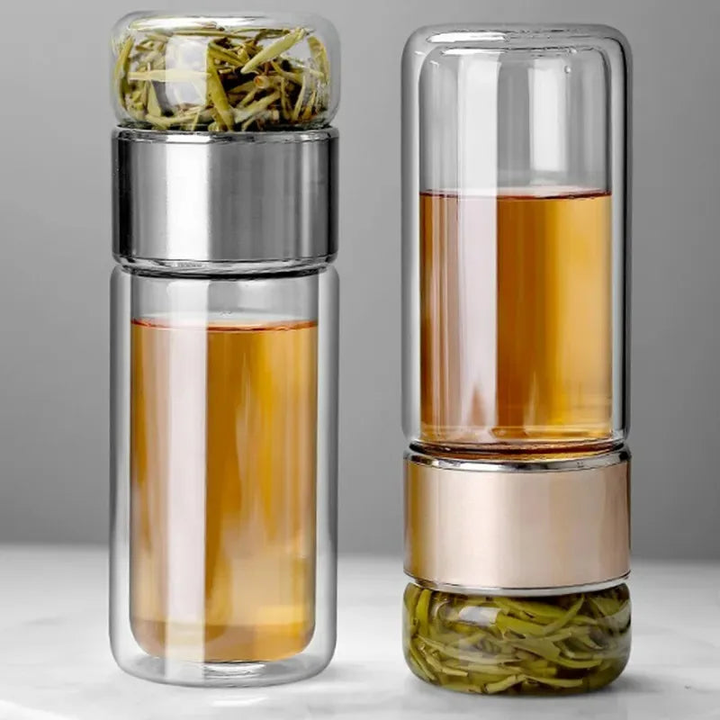 Premium Borosilicate Glass Tea Bottle – 420ml Double-Wall Tumbler with Removable Infuser