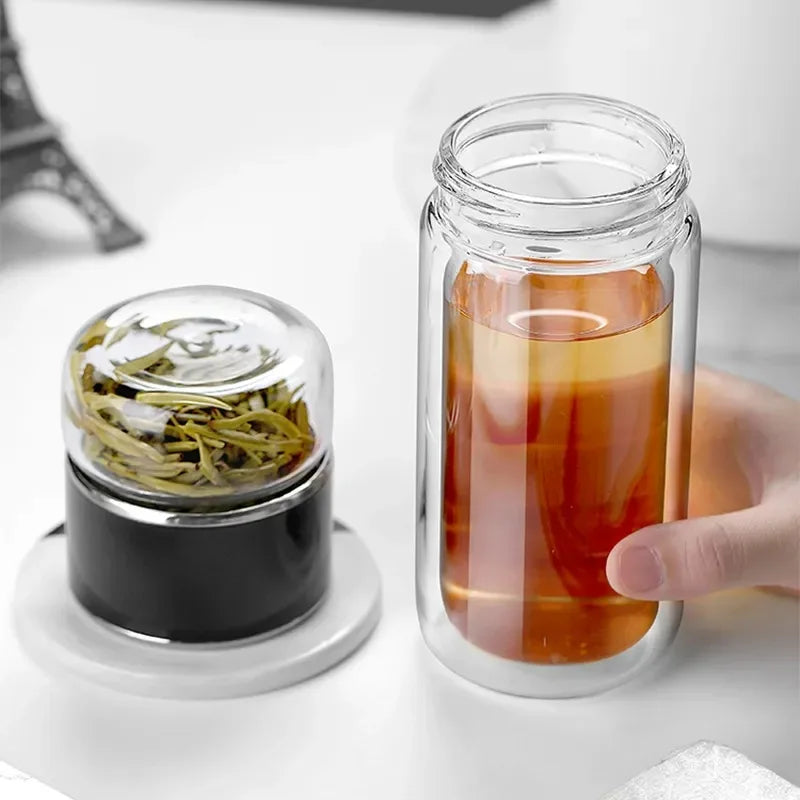 Premium Borosilicate Glass Tea Bottle – 420ml Double-Wall Tumbler with Removable Infuser