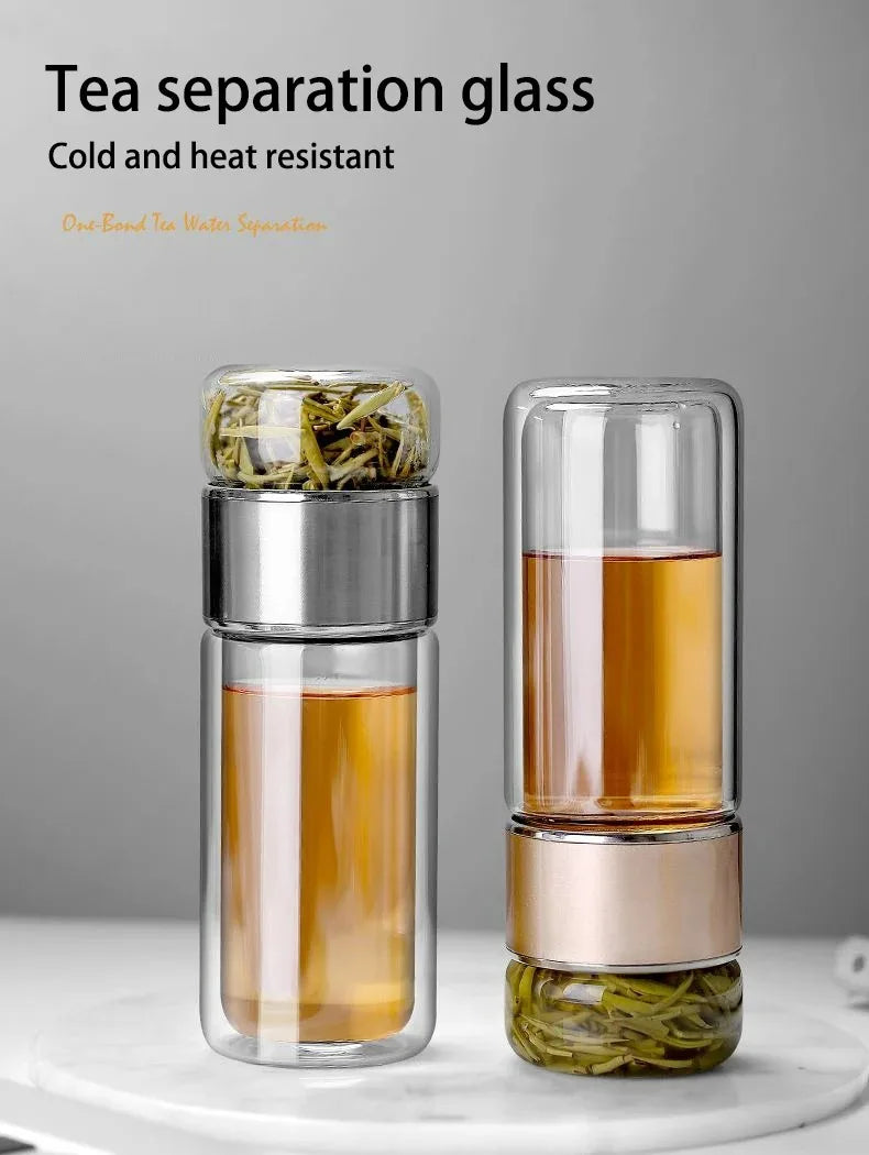 Premium Borosilicate Glass Tea Bottle – 420ml Double-Wall Tumbler with Removable Infuser