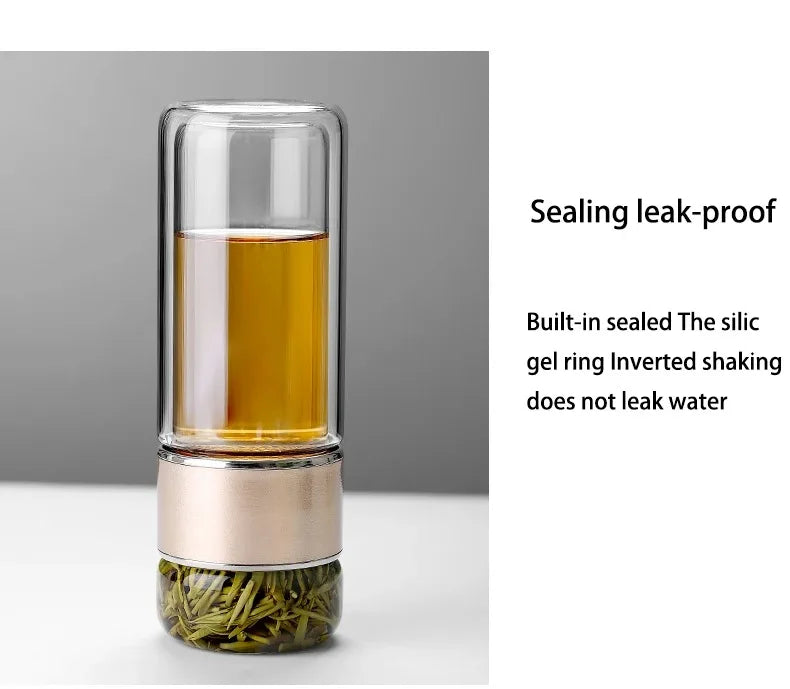 Premium Borosilicate Glass Tea Bottle – 420ml Double-Wall Tumbler with Removable Infuser