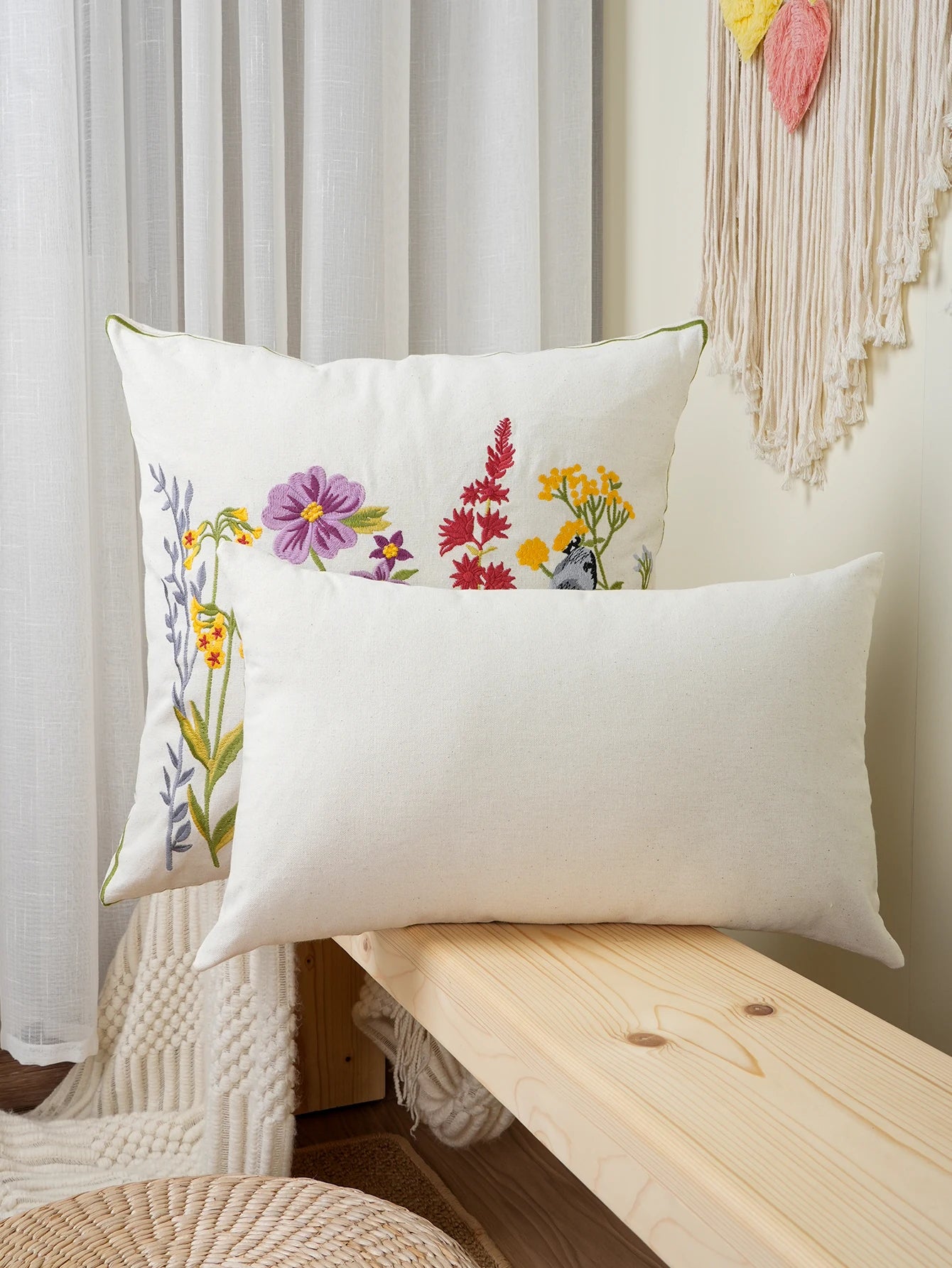 Whispering Blooms & Songbirds” Embroidered Cushion Cover – Timeless Elegance for Your Home