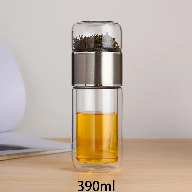 Premium Borosilicate Glass Tea Bottle – 420ml Double-Wall Tumbler with Removable Infuser