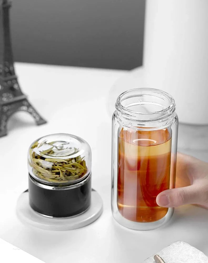Premium Borosilicate Glass Tea Bottle – 420ml Double-Wall Tumbler with Removable Infuser