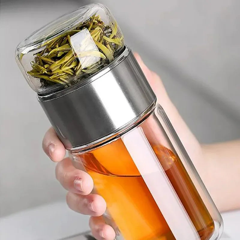 Premium Borosilicate Glass Tea Bottle – 420ml Double-Wall Tumbler with Removable Infuser