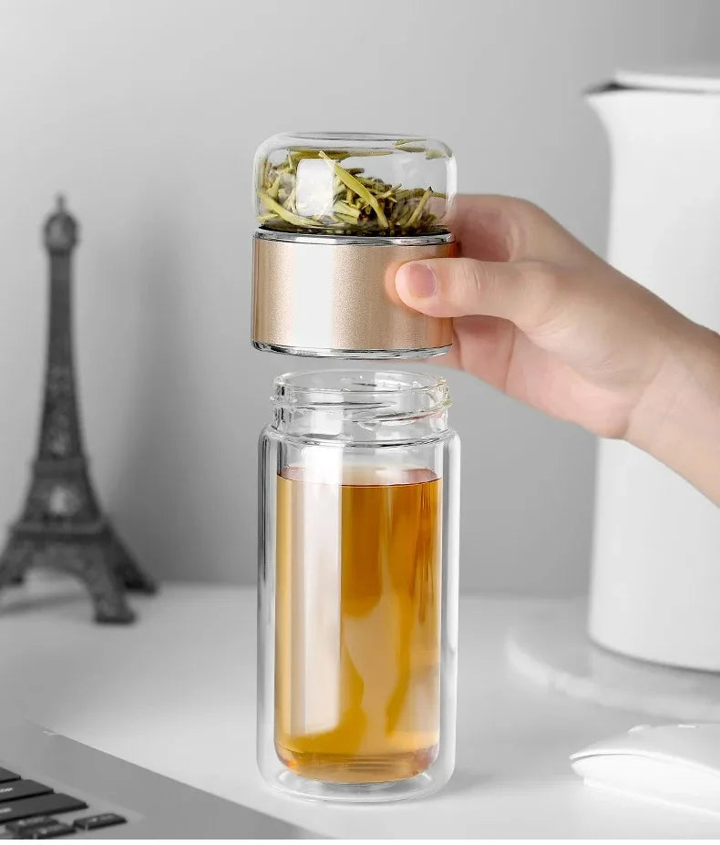 Premium Borosilicate Glass Tea Bottle – 420ml Double-Wall Tumbler with Removable Infuser