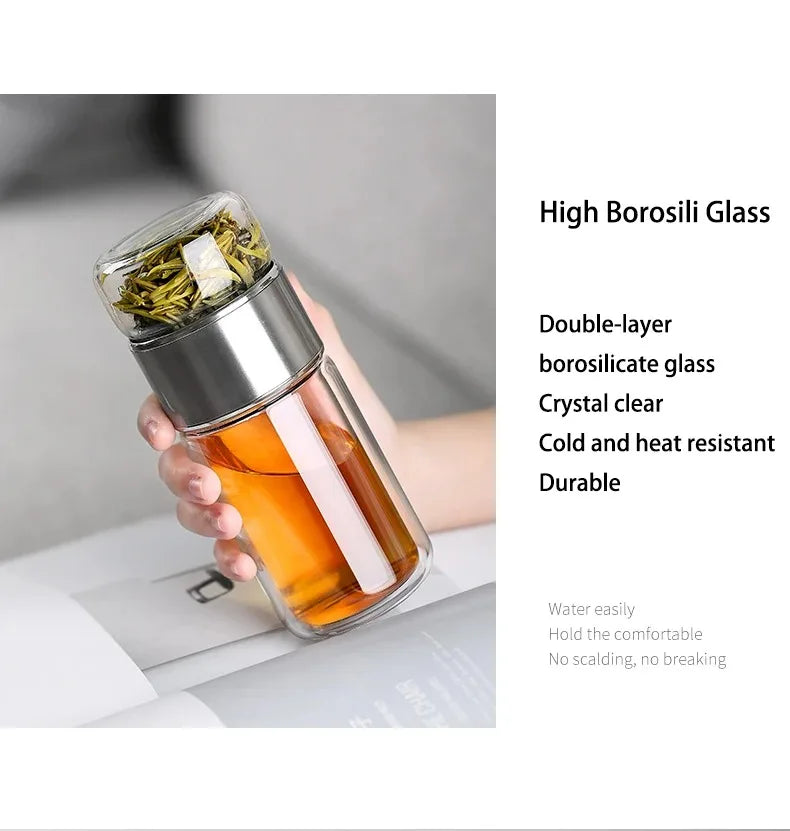 Premium Borosilicate Glass Tea Bottle – 420ml Double-Wall Tumbler with Removable Infuser