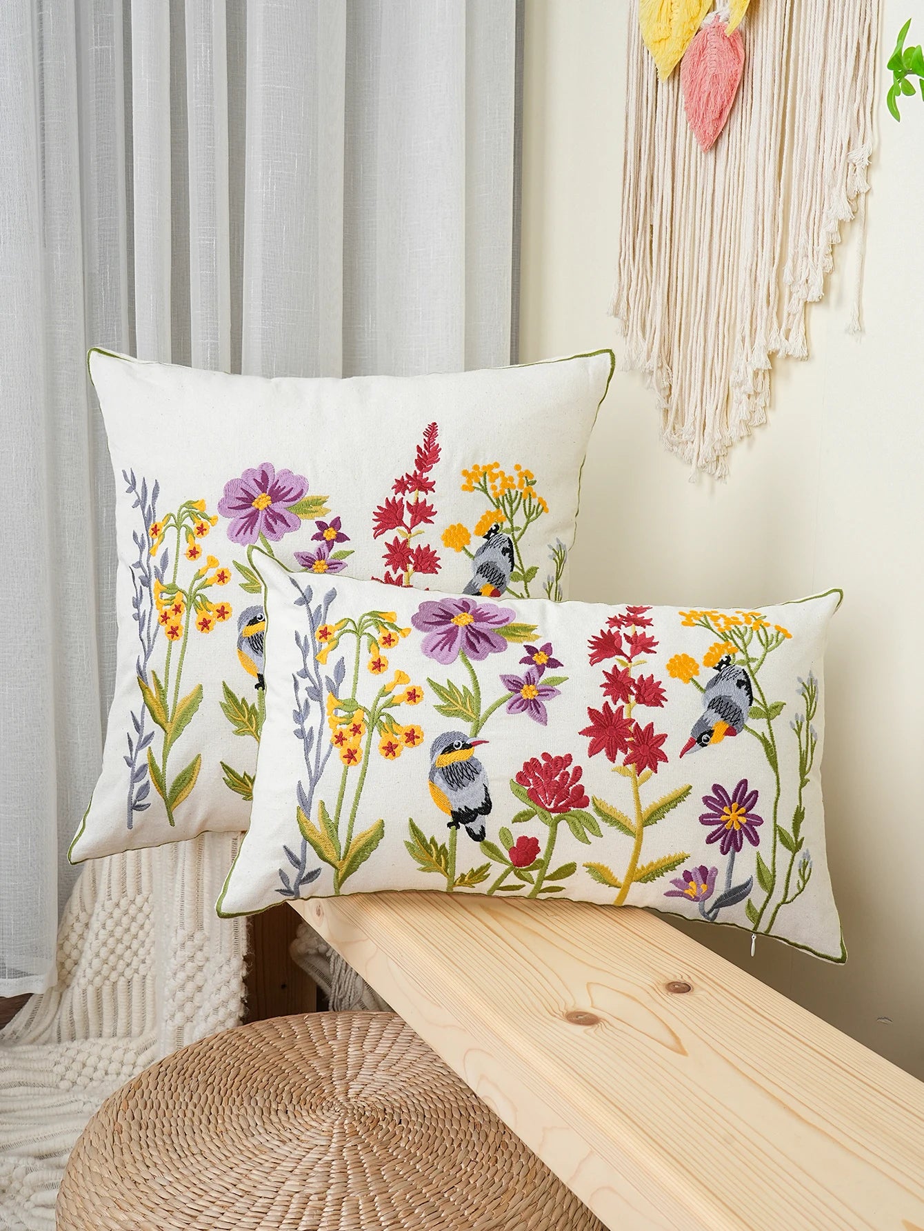 Whispering Blooms & Songbirds” Embroidered Cushion Cover – Timeless Elegance for Your Home