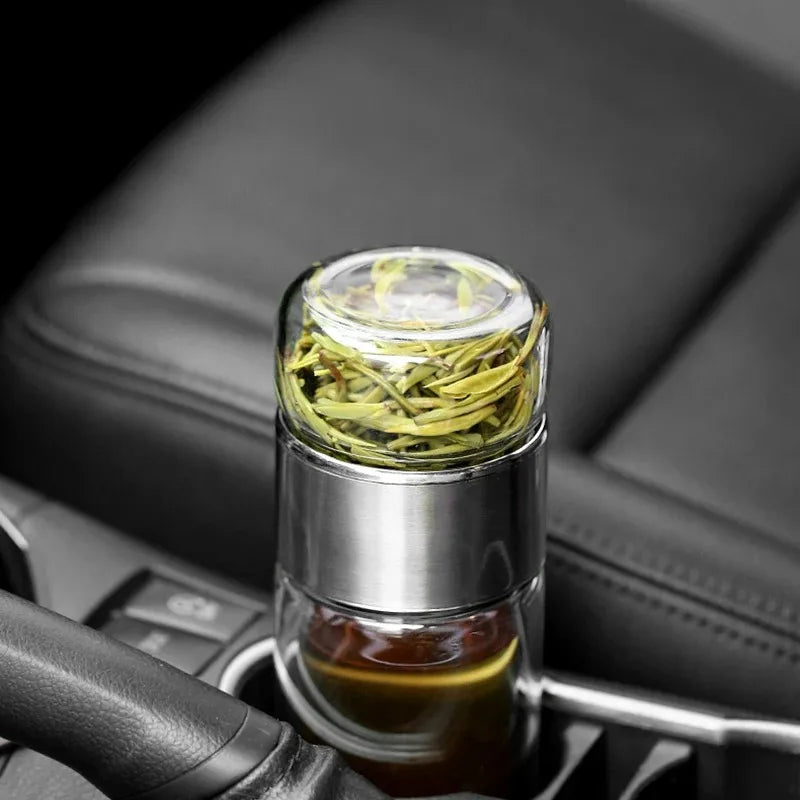 Premium Borosilicate Glass Tea Bottle – 420ml Double-Wall Tumbler with Removable Infuser