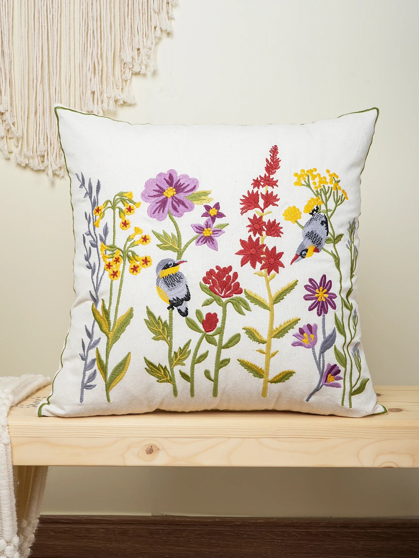 Whispering Blooms & Songbirds” Embroidered Cushion Cover – Timeless Elegance for Your Home