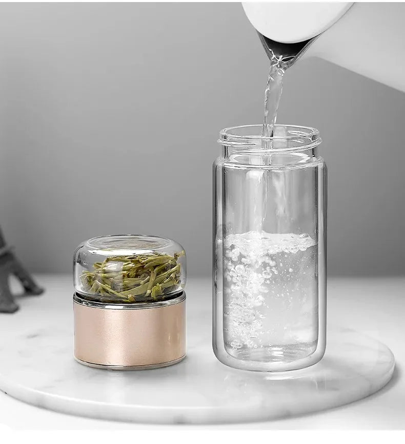 Premium Borosilicate Glass Tea Bottle – 420ml Double-Wall Tumbler with Removable Infuser