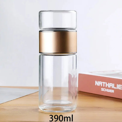 Premium Borosilicate Glass Tea Bottle – 420ml Double-Wall Tumbler with Removable Infuser