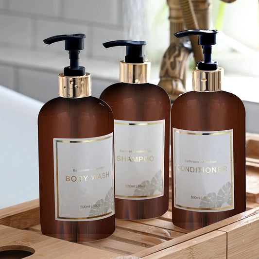 3-Piece Clear Bathroom Dispenser Set – Shampoo, Conditioner & Body Wash Bottles.
Each bottle is clearly labelled for shampoo, conditioner, and body wash, making it easy to maintain a tidy and elegant bathroom routine.