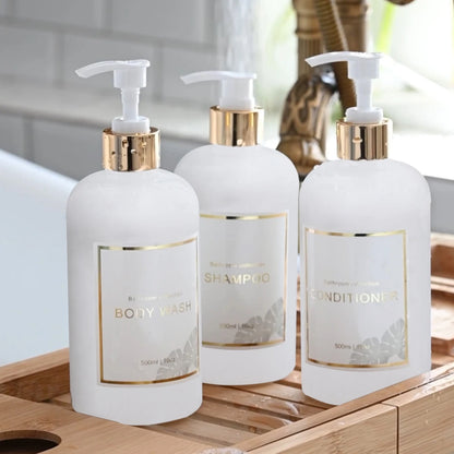 3-Piece Clear Bathroom Dispenser Set – Shampoo, Conditioner & Body Wash Bottles.
Each bottle is clearly labelled for shampoo, conditioner, and body wash, making it easy to maintain a tidy and elegant bathroom routine.