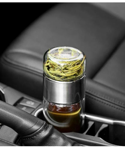 Premium Borosilicate Glass Tea Bottle – 420ml Double-Wall Tumbler with Removable Infuser