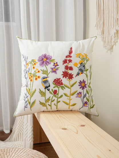 Whispering Blooms & Songbirds” Embroidered Cushion Cover – Timeless Elegance for Your Home
