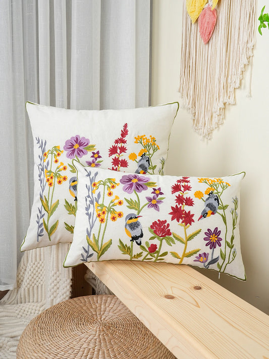 Whispering Blooms & Songbirds” Embroidered Cushion Cover – Timeless Elegance for Your Home