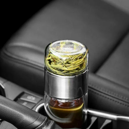 Premium Borosilicate Glass Tea Bottle – 420ml Double-Wall Tumbler with Removable Infuser