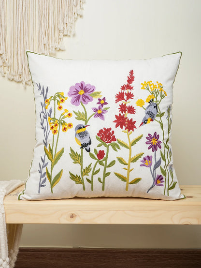 Whispering Blooms & Songbirds” Embroidered Cushion Cover – Timeless Elegance for Your Home